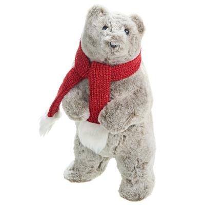Fluffy Standing Bear 15.75" Grey/Red