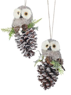 Owl On Pinecone Orn. 7.5" Asst Grey/Brown